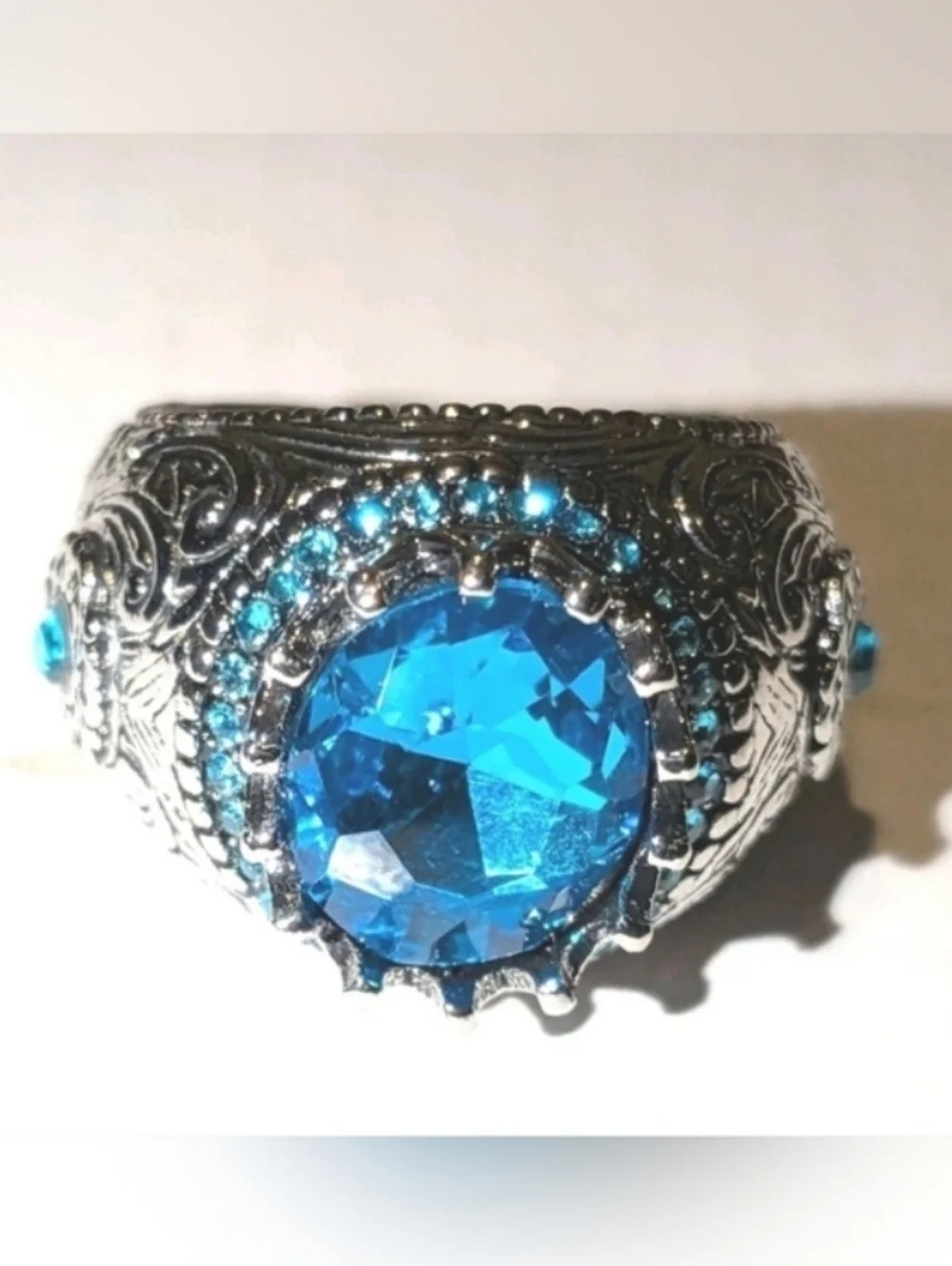 Mens Turkish Vintage Style Ring Silver Plated 5ct Lab Created Sapphire Sz 10